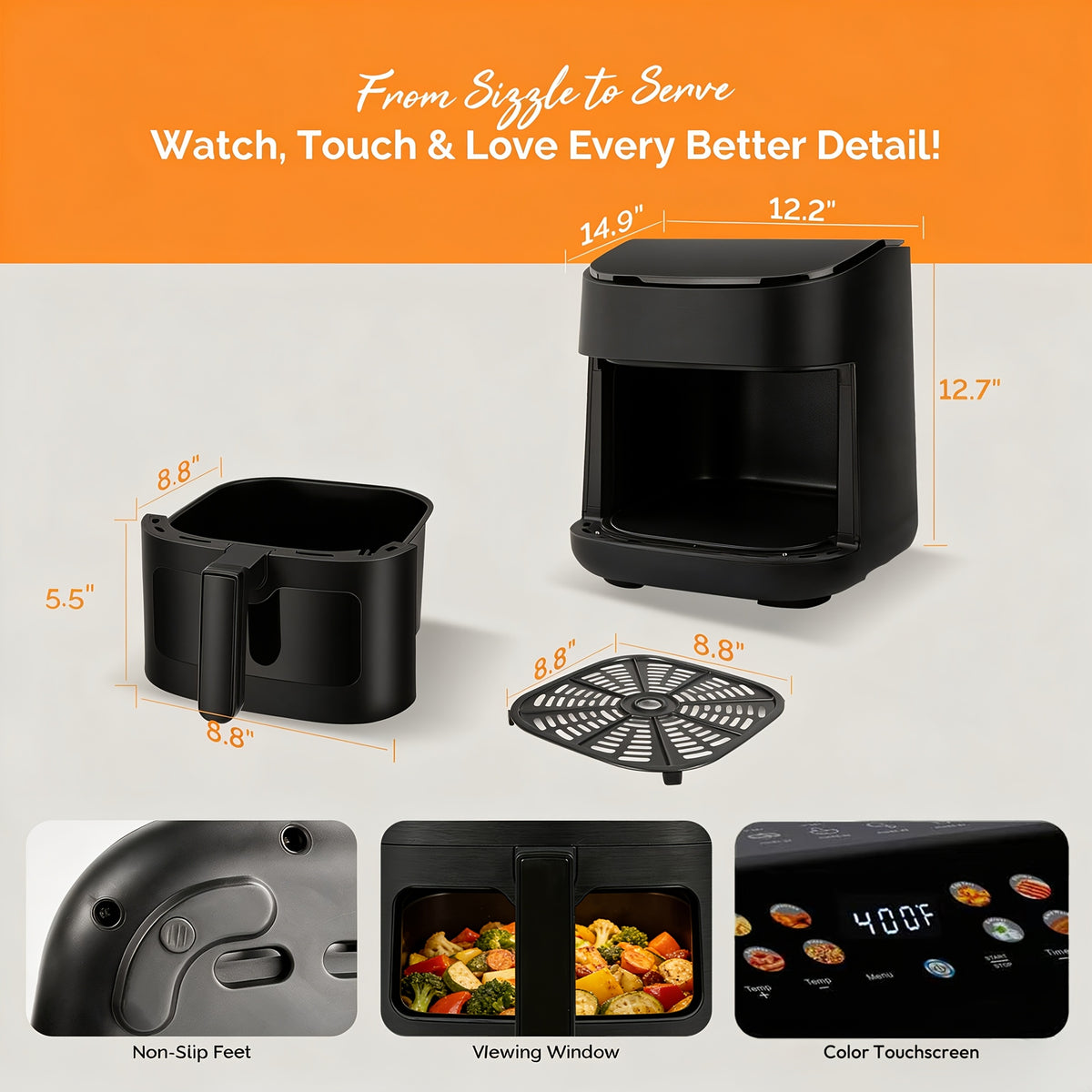 Viewing Window Air Fryer with Listed Angled Color Touchscreen and 8 Cooking Presets, 2.8QT or 6.8QT Options for Everyday Meals, Snacks and Family Gatherings