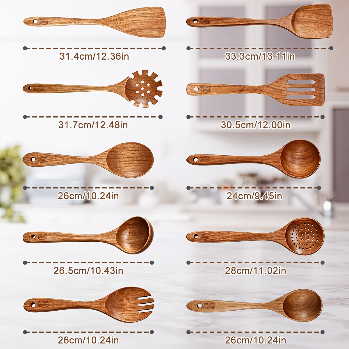 Wooden Cooking Utensils Set, 10-Piece Teak Kitchen Spoon and Spatula Tool Options for Everyday Stirring, Mixing and Meal Preparation in Home Kitchens