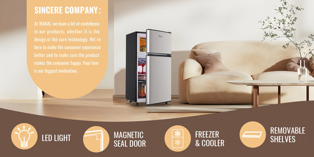 Compact Fridge Freezer by WANAI, Double-Door 3.5 or 4.5 Cu Ft Options with Seven-Level Thermostat, Removable Shelves and Listed LED Light for Apartment and Office