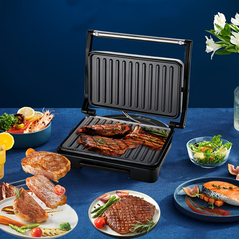 Double-Sided Electric Grill with Black Square Design and Listed Upper and Lower Heating, Panini and Sandwich Cooking Wording for Everyday Home Kitchen Meal Preparation