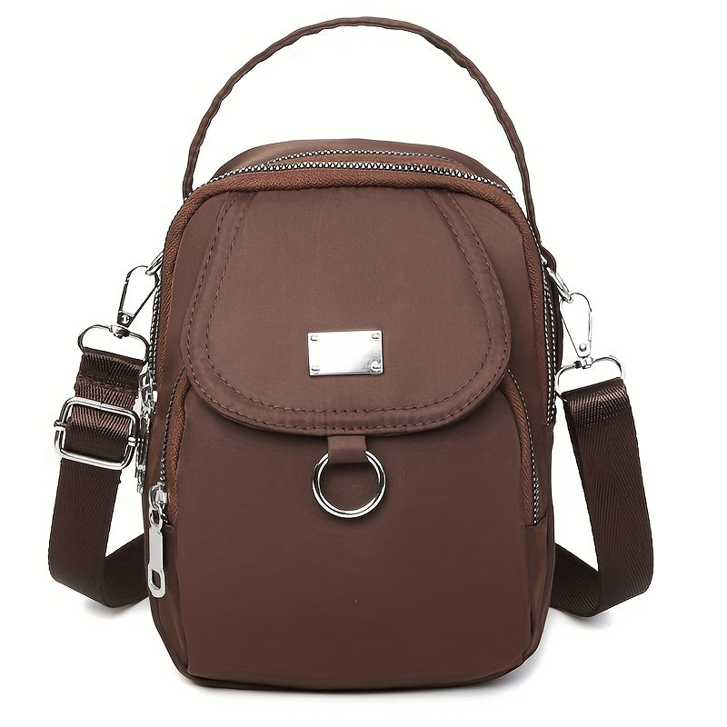 Mini Crossbody Bag for Women in Nylon with Multiple Zipper Compartments, Front Pocket and Detachable Adjustable Strap, Four Colors for Casual Outings