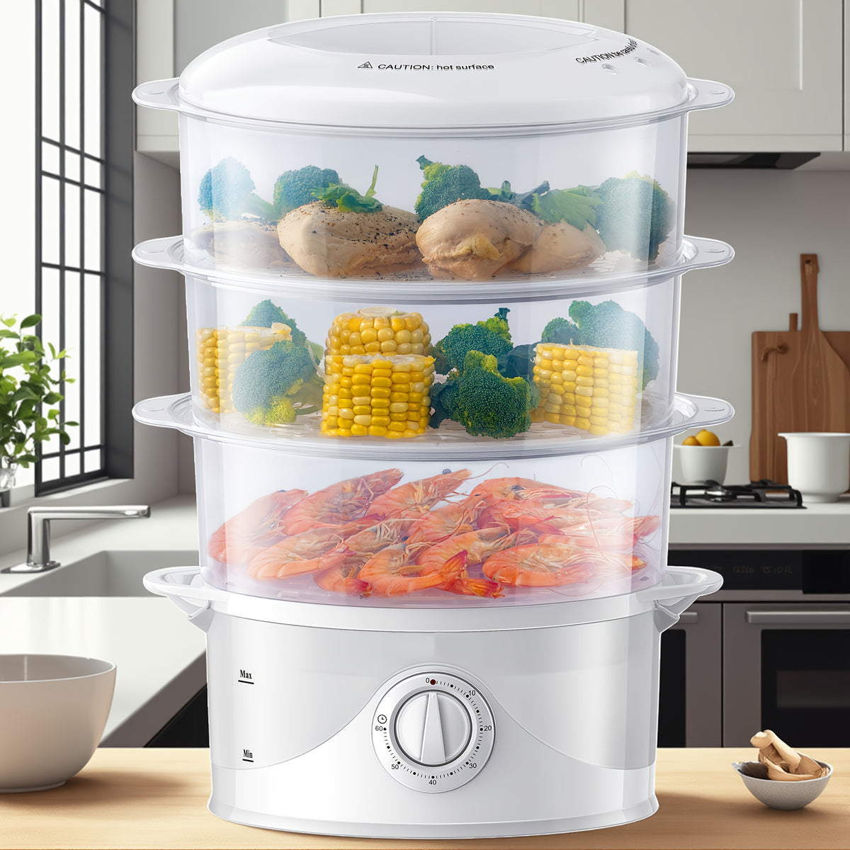 Electric Food Steamer with 3 Tiers, 9.6QT Capacity and 800W Power, White Vegetable and Dumpling Steamer with 60-Minute Timer and Boil-Dry Protection