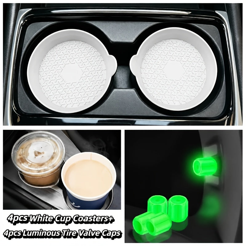 Silicone Car Cup Holder Coasters in Two- or Four-Piece Options, Anti-Slip Cup Mats with Multiple Colors and Selected Glow-in-the-Dark Accessory Bundles