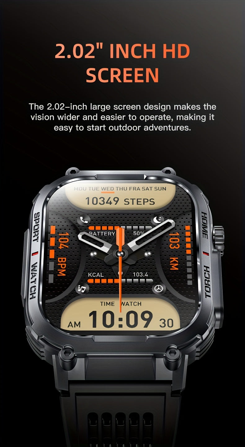 LED Flashlight Calling Smartwatch with Listed 2.02-Inch TFT Screen, Step Counting and Sleep Tracking Features, iOS Android Option for Everyday Wear