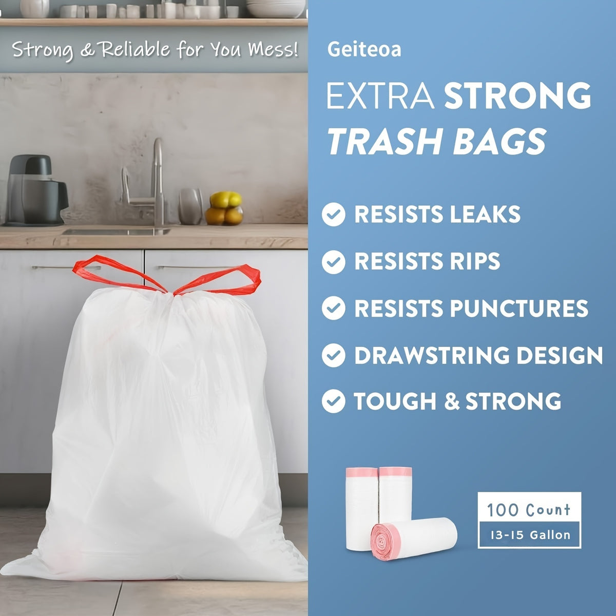 Drawstring Garbage Bags in 100-Count Packs, 4-Gallon or 13-Gallon Disposable Trash Can Liners for Compatible Kitchen, Office and Household Wastebaskets