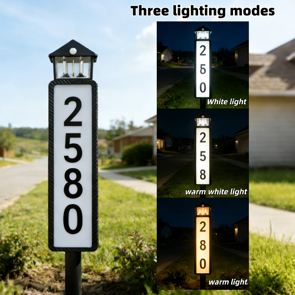 Solar LED Address Sign, House Number Display Board with Three Adjustable Color Mode Label, Black or Retro Design Options for Entryways and Courtyards