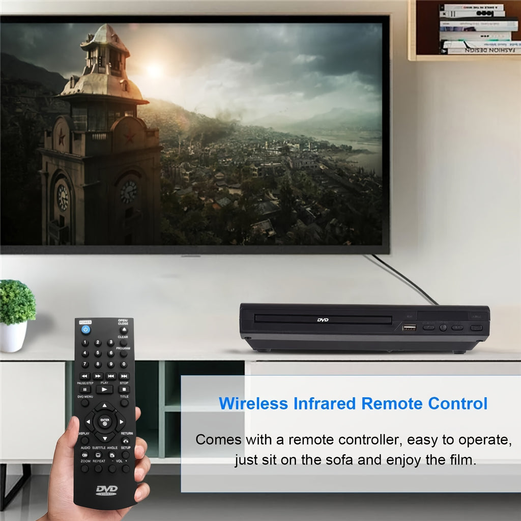 AV Output DVD Player for TV in Black with USB 2.0 Media Playback, Remote Control, Resume Function, CD-R and CD-RW Support and Included Three-in-One AV Cable