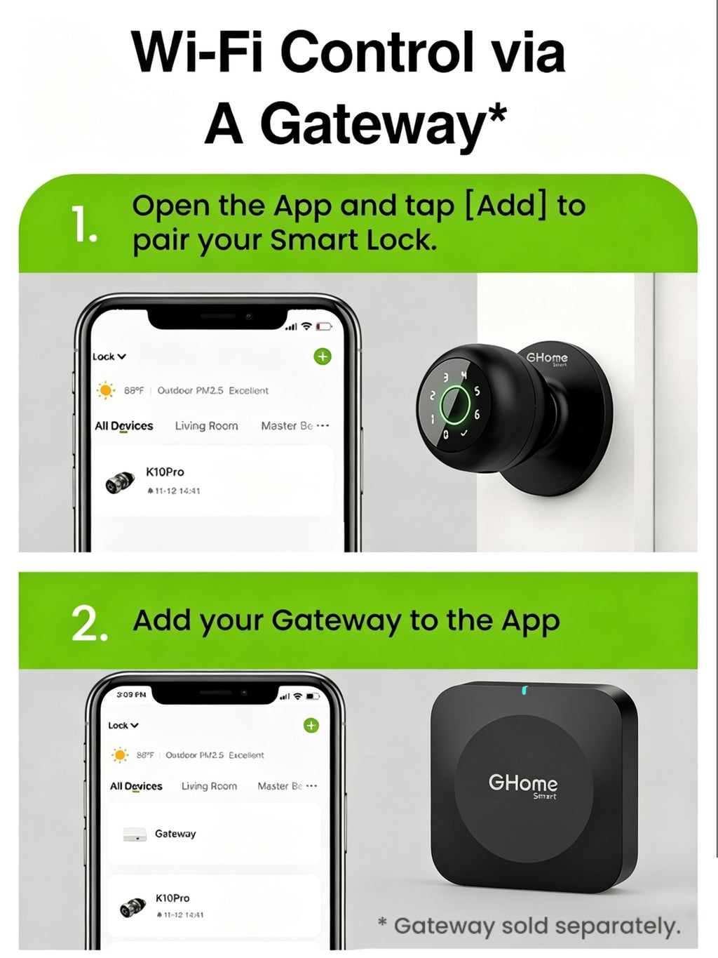 GHome Smart Door Knob Lock with Listed Fingerprint, Keypad and App Features, K20, K10, K02A and PRO Model Options for Compatible Door Access Setups