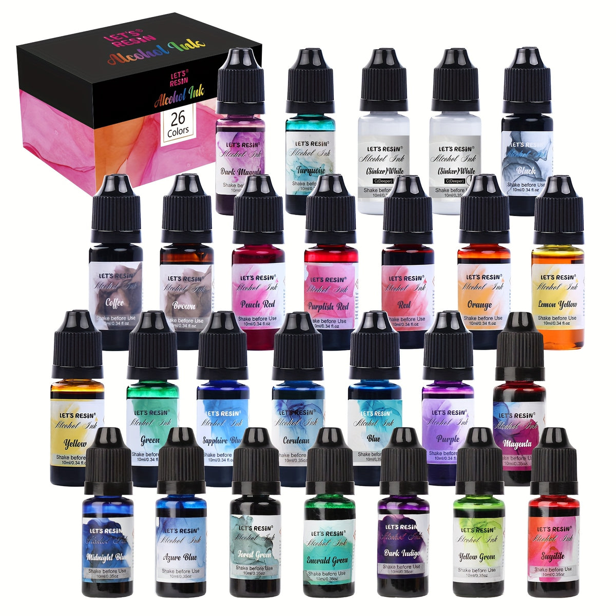 Alcohol Ink Set by LET'S RESIN, 26 Mixed Color Bottles at 10ml Each Including Two Whites for Compatible Resin Jewelry, Petri Dish Art and Decorative Tumbler Projects