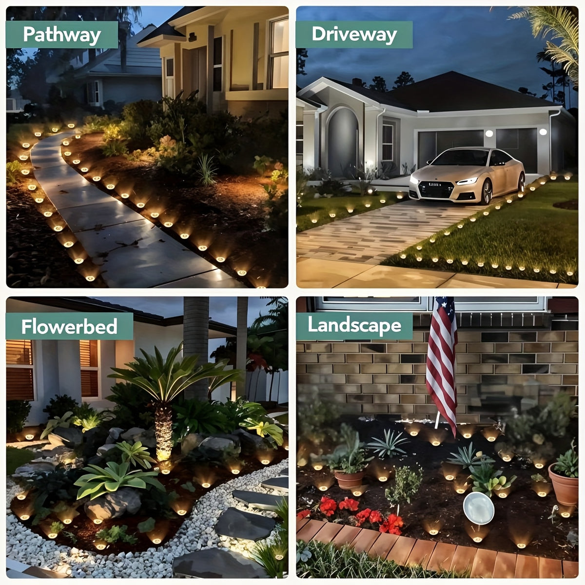 Solar In-Ground Lights in White or Warm Light, 8 or 16-Piece Garden Accent Packs with Listed Eight-LED Design and IP44 Rating for Lawn and Pathway Borders