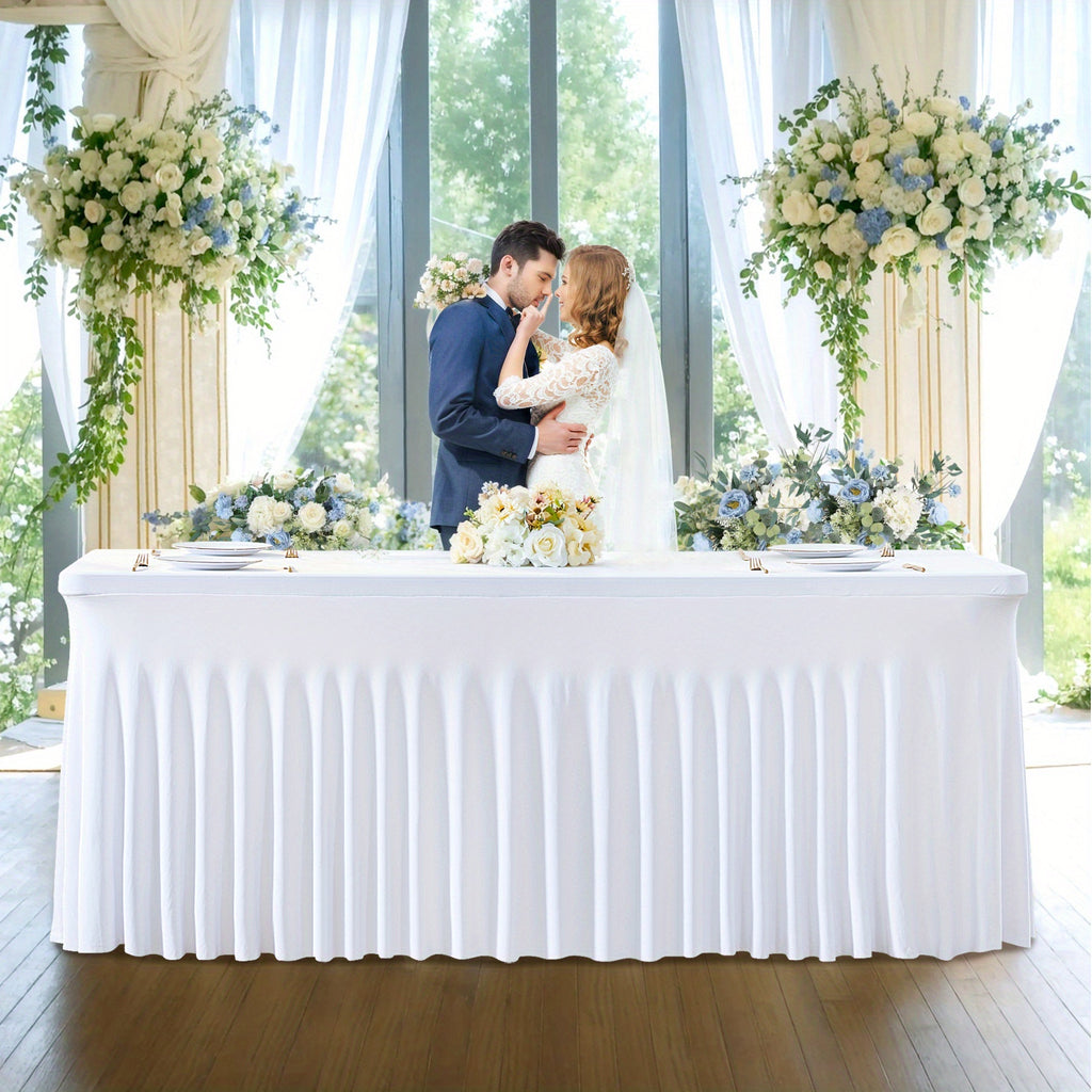 Ruffled Tablecloth for 4-Foot Rectangular Tables, One-Piece Polyester Spandex Table Cover with Integrated Skirt for Wedding Buffets, Dessert Displays and Parties
