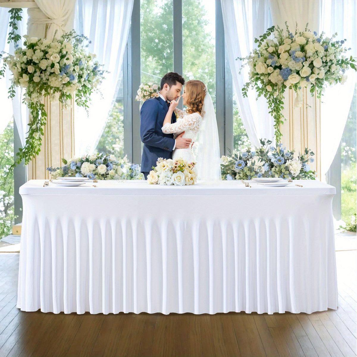 Ruffled Tablecloth for 4-Foot Rectangular Tables, One-Piece Polyester Spandex Table Cover with Integrated Skirt for Wedding Buffets, Dessert Displays and Parties