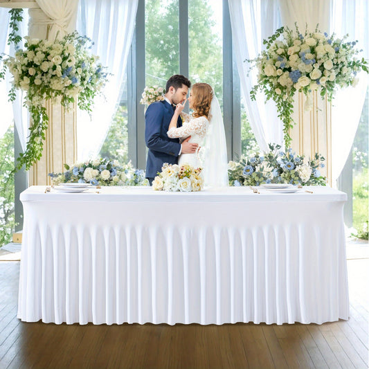 Ruffled Tablecloth for 4-Foot Rectangular Tables, One-Piece Polyester Spandex Table Cover with Integrated Skirt for Wedding Buffets, Dessert Displays and Parties