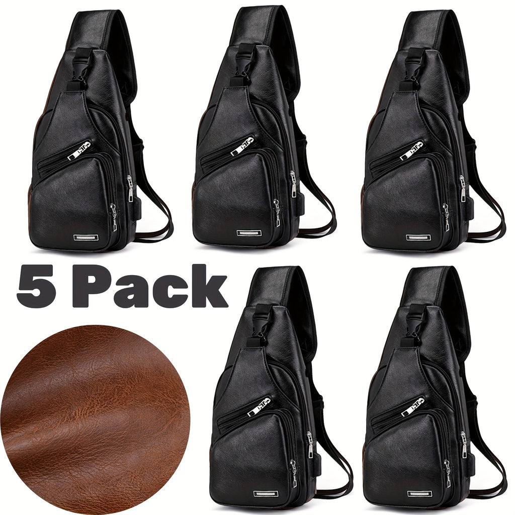 PU Leather Sling Bag for Men and Women with Adjustable Shoulder Strap, Zippered Pockets and Earphone Opening for Daily Walking, Hiking and Travel