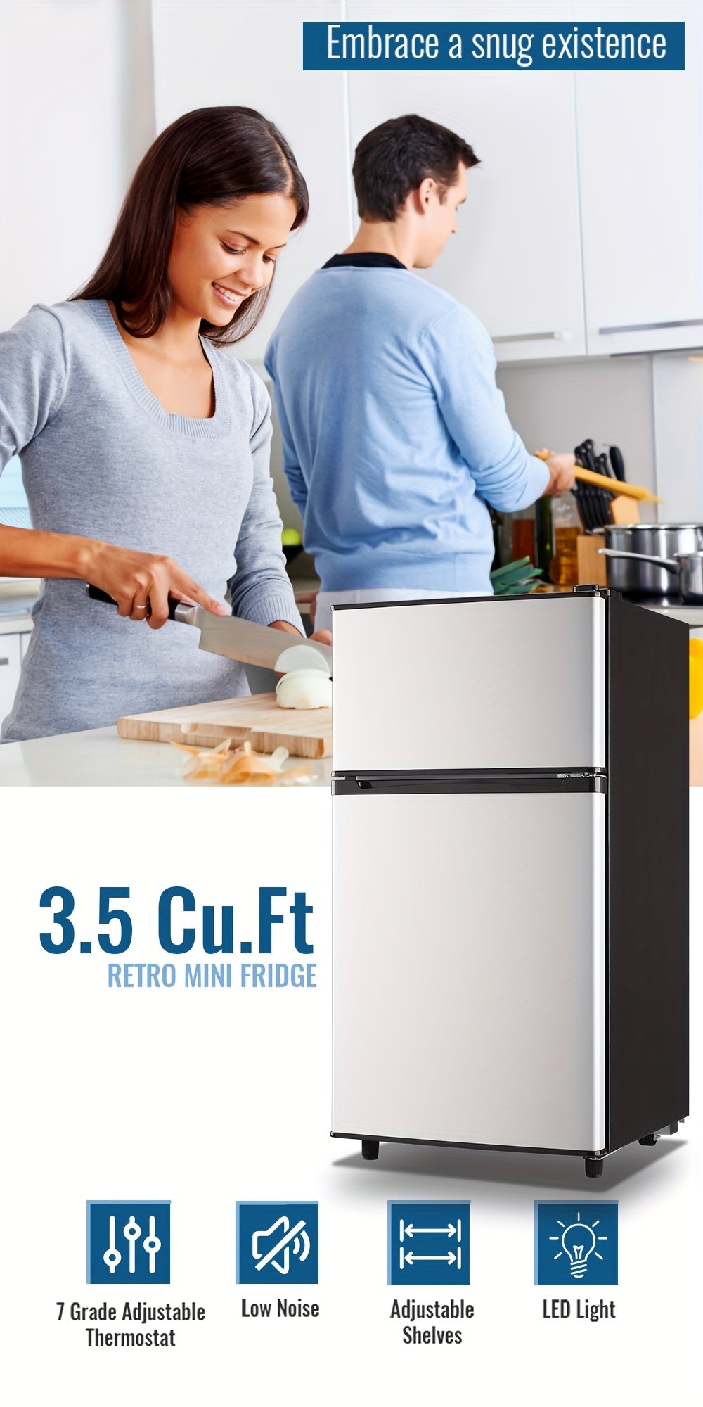 Two-Door Compact Fridge with Freezer, Silvery 2.5 or 3.5 Cu Ft Options with Seven-Level Thermostat and Removable Shelves for Dorm, Office and Bedroom Storage
