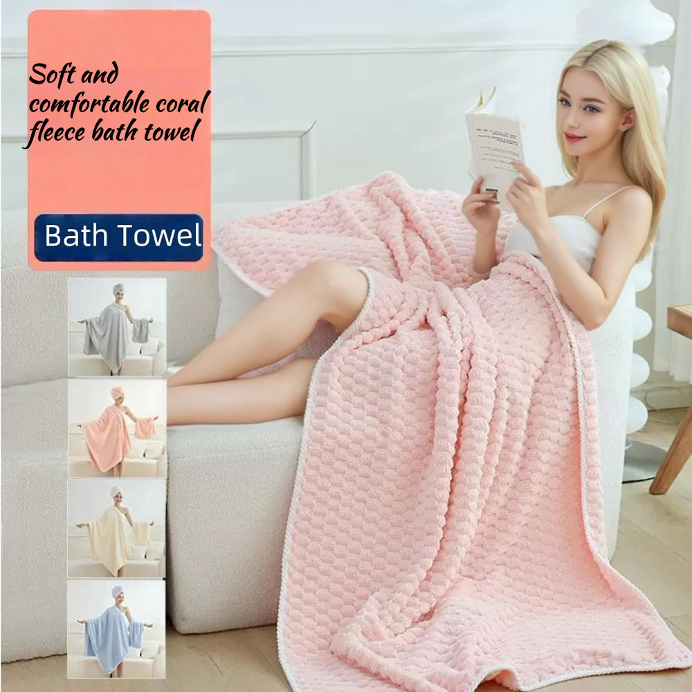Coral Fleece Bath Towel Set with Hair Drying Cap, Five-Piece Bundle Featuring Four 27 x 55 Inch Plush Towels and Listed Hanging Loops for Home Shower Routines
