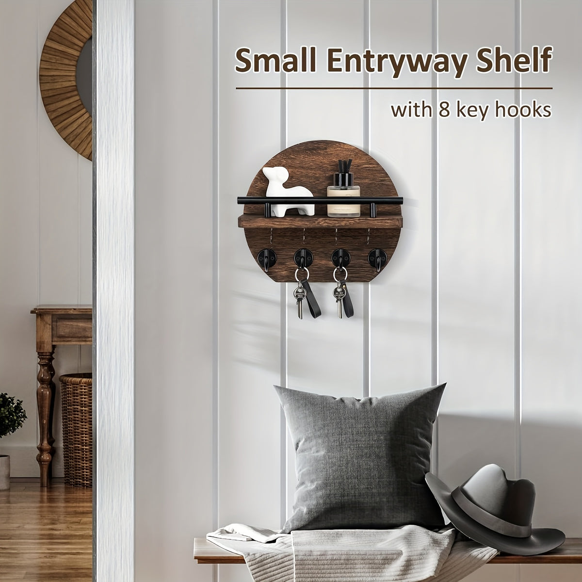 Key Holder with Shelf and Eight Hooks, Round Wooden Wall-Mounted Entryway Organizer in Brown or Natural for Hallway Keys and Everyday Small Accessories
