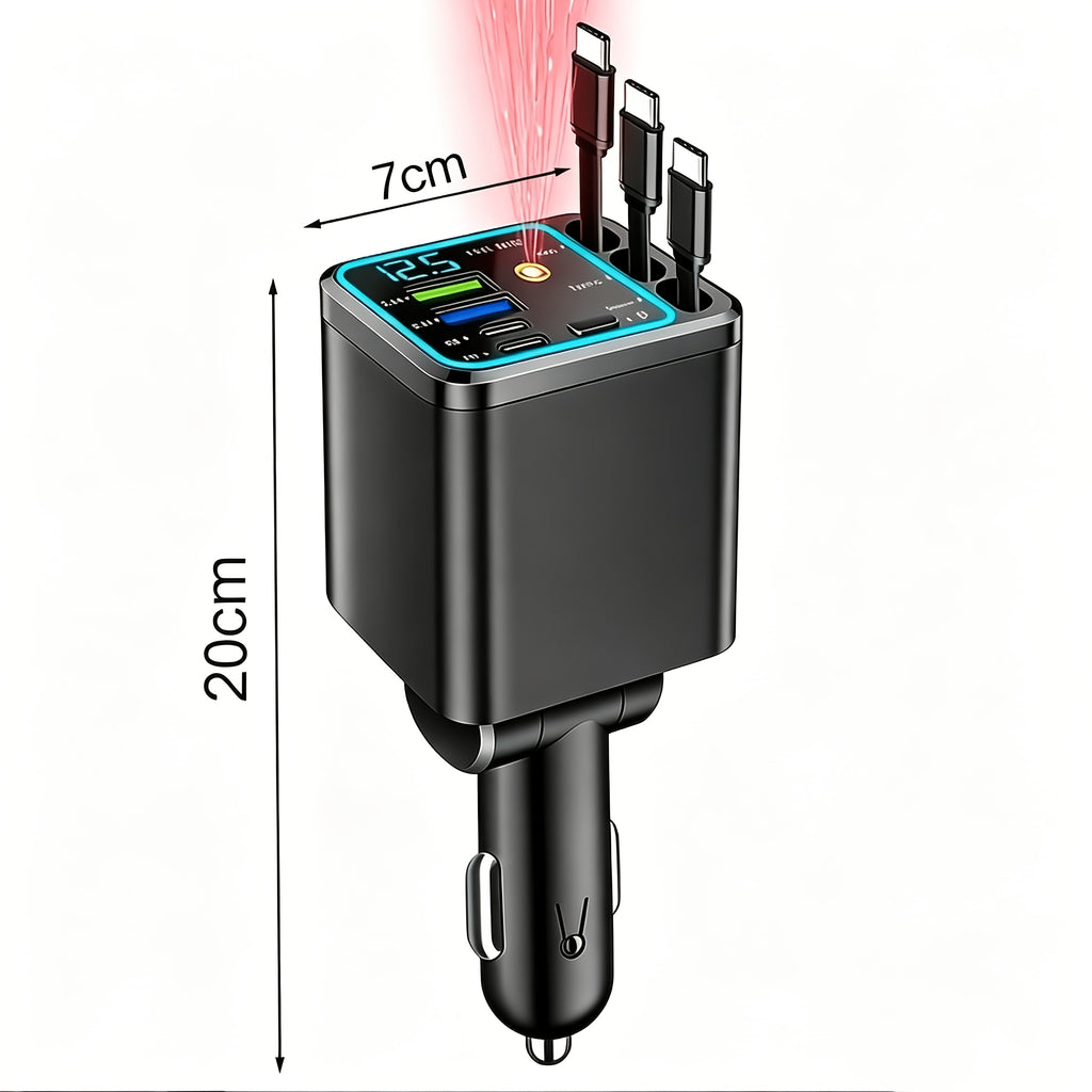 Retractable Cable Car Charger, Three Extendable Leads with Color Lighting, LED Digital Display and Listed 180-Degree Adjustment for In-Car Phone Charging