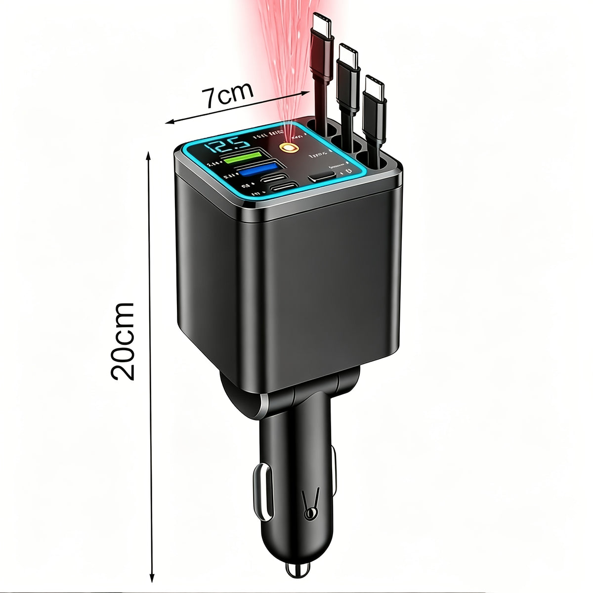 Retractable Cable Car Charger, Three Extendable Leads with Color Lighting, LED Digital Display and Listed 180-Degree Adjustment for In-Car Phone Charging