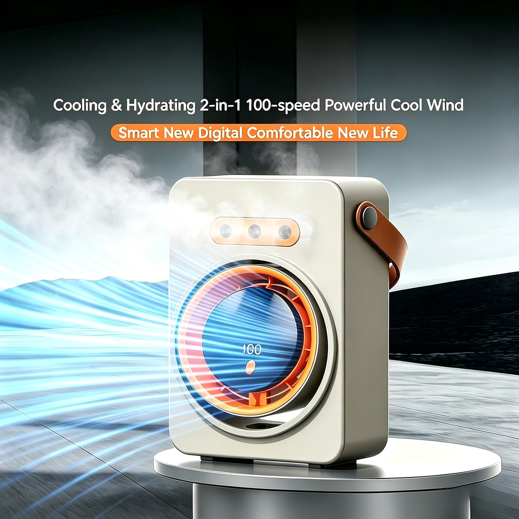 Portable Humidifier Fan in Off White with Handle, Listed USB Type-C Connection and Two-in-One Airflow and Moisture Functions for Home or Office Desks
