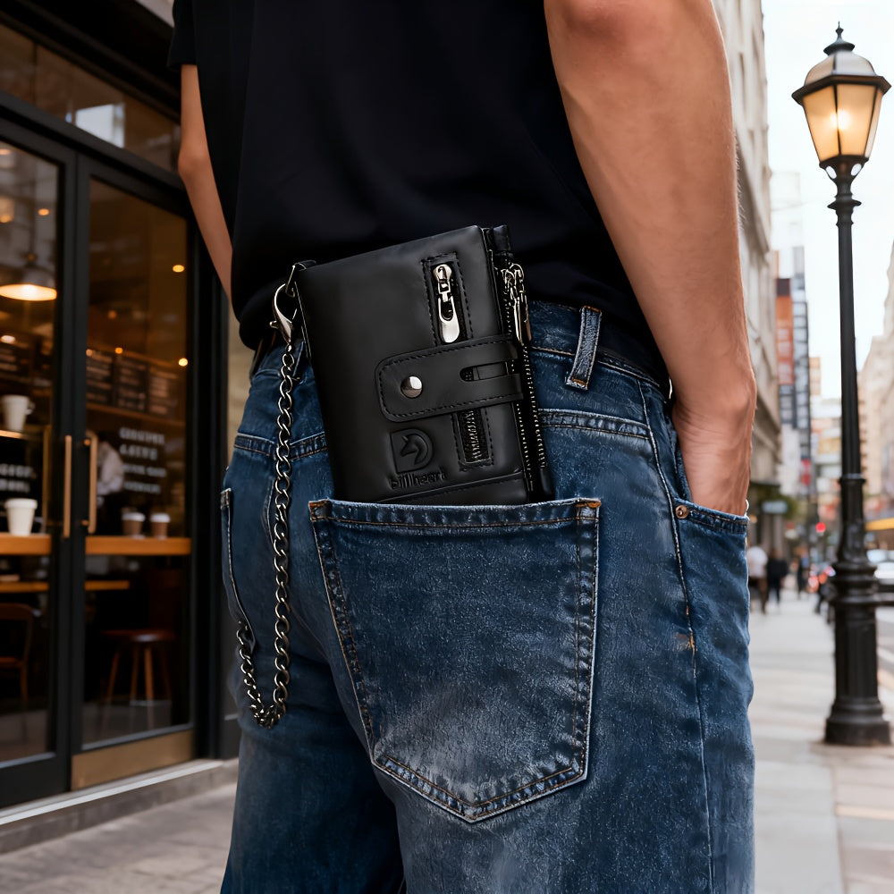 Mens Chain Wallet in Black with Short Wallet Format, Listed Card Clip and Double Zipper Change Storage for Everyday Card Organization and Gift Shopping