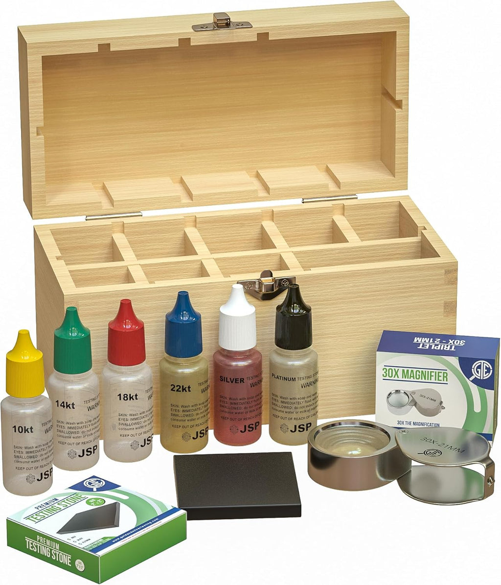 Precious Metal Testing Kit with Bamboo Storage Box, Listed Gold and Silver Solutions, 2-Inch Scratch Stone and 30X Loupe Reference for Experienced Adult Jewelry Evaluation