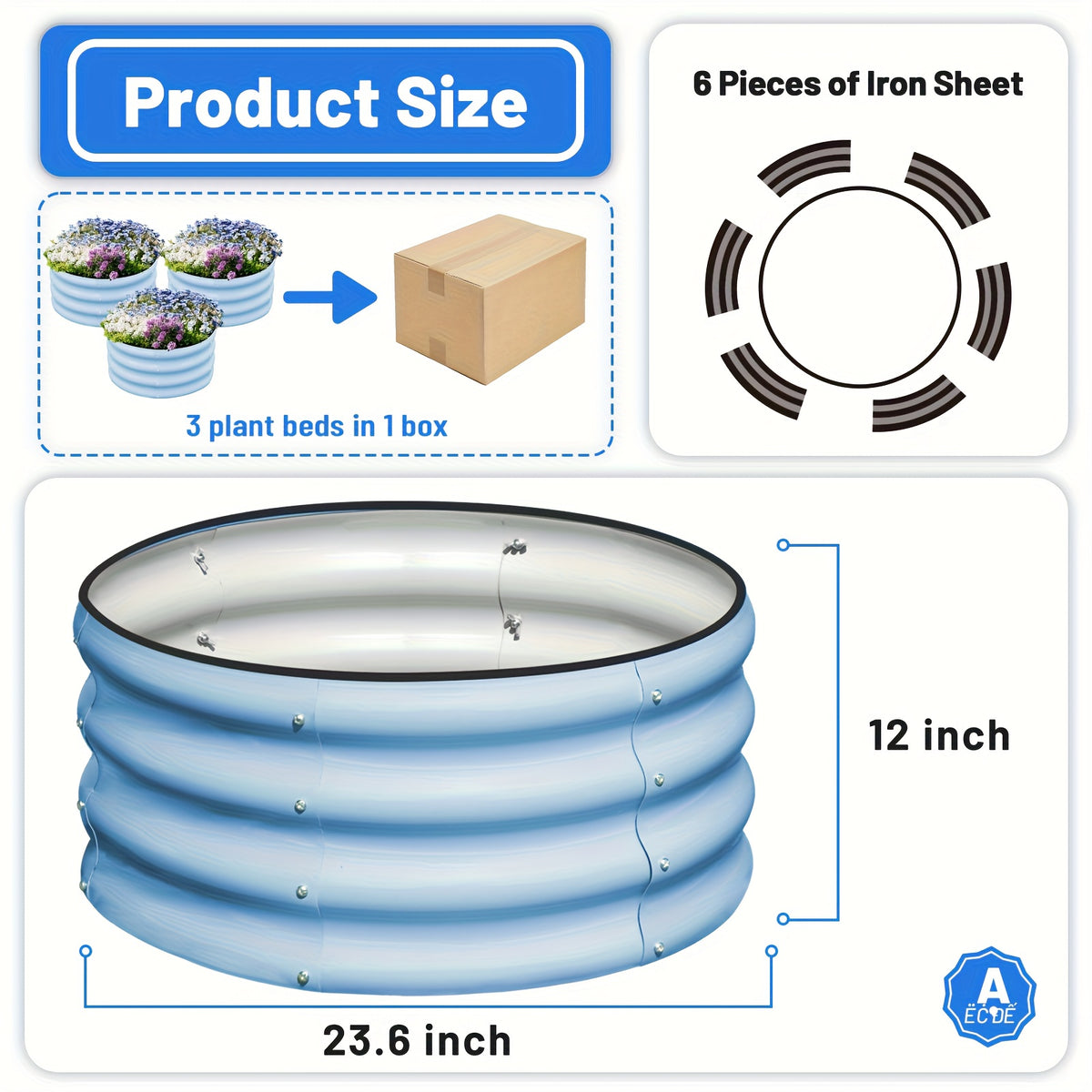 Compact Steel Raised Garden Bed Set with Three Open-Bottom Planters, Rubber Top-Rim Strips and Approximate 2x2x1ft Size in Green, Orange or Blue