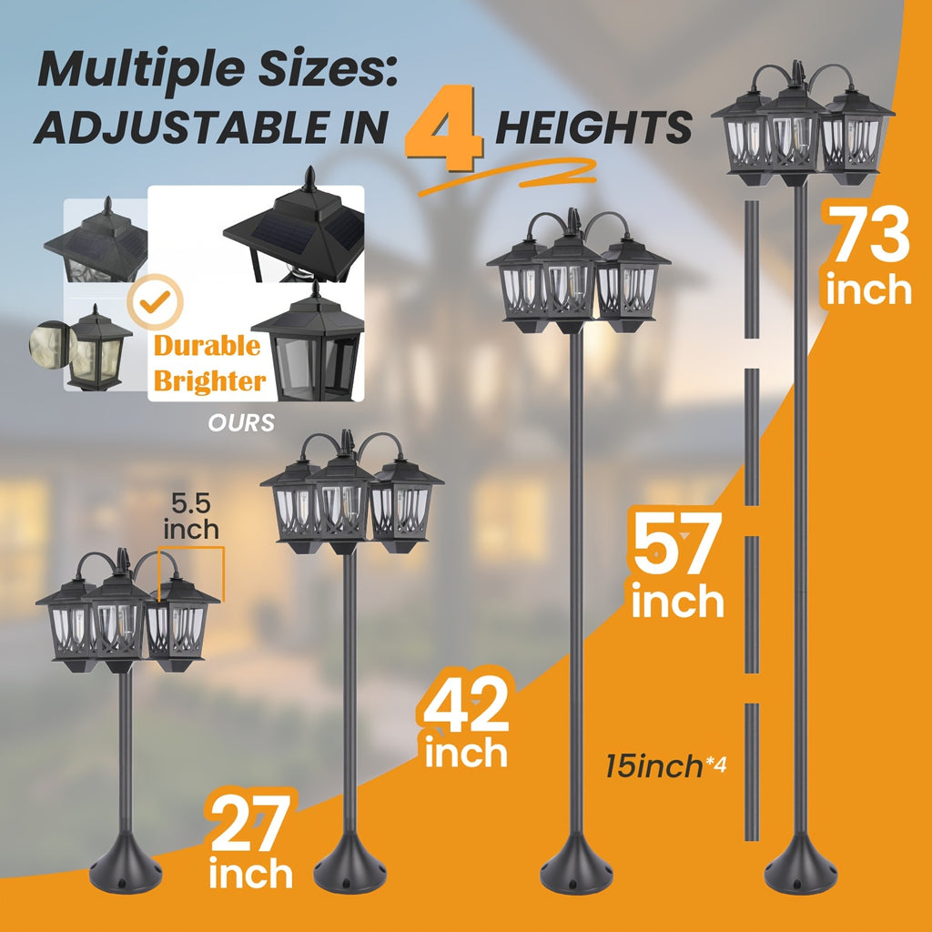Three-Head Solar Lamp Post with Listed 73-Inch Section-Adjustable Design and 3000K Warm White Light, Black, Two-Pack or Upgraded Flower Pot Model Labels