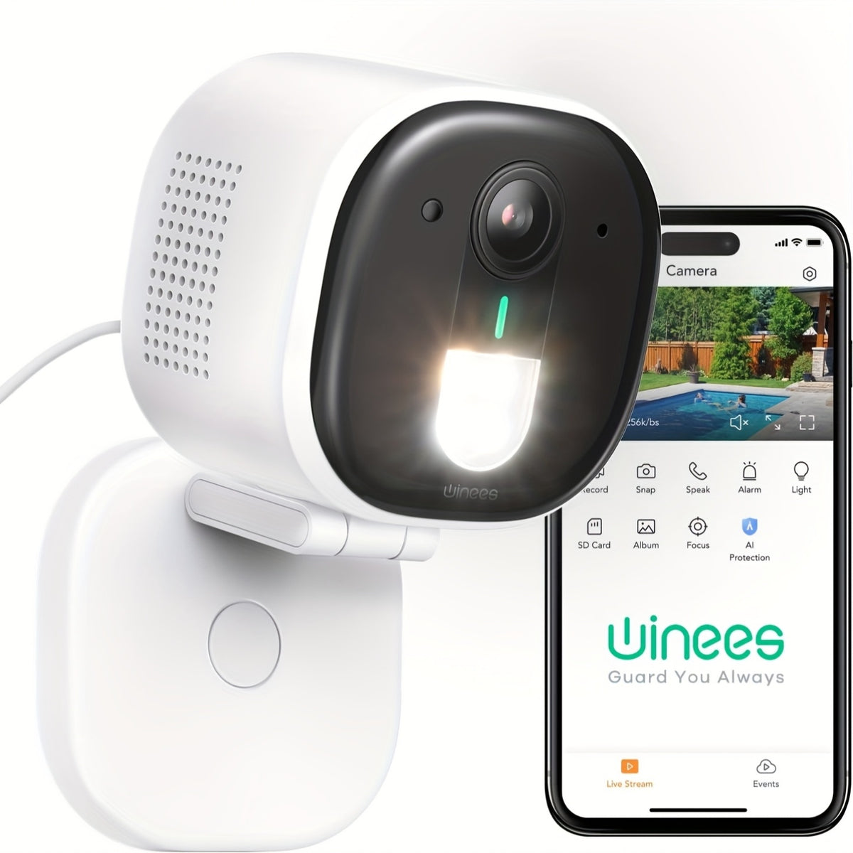 Winees Wired WiFi Security Camera with Listed 2K Video, 2.4GHz Connection, Human and Pet AI Detection, Color Night Vision and Two-Way Audio, White Options