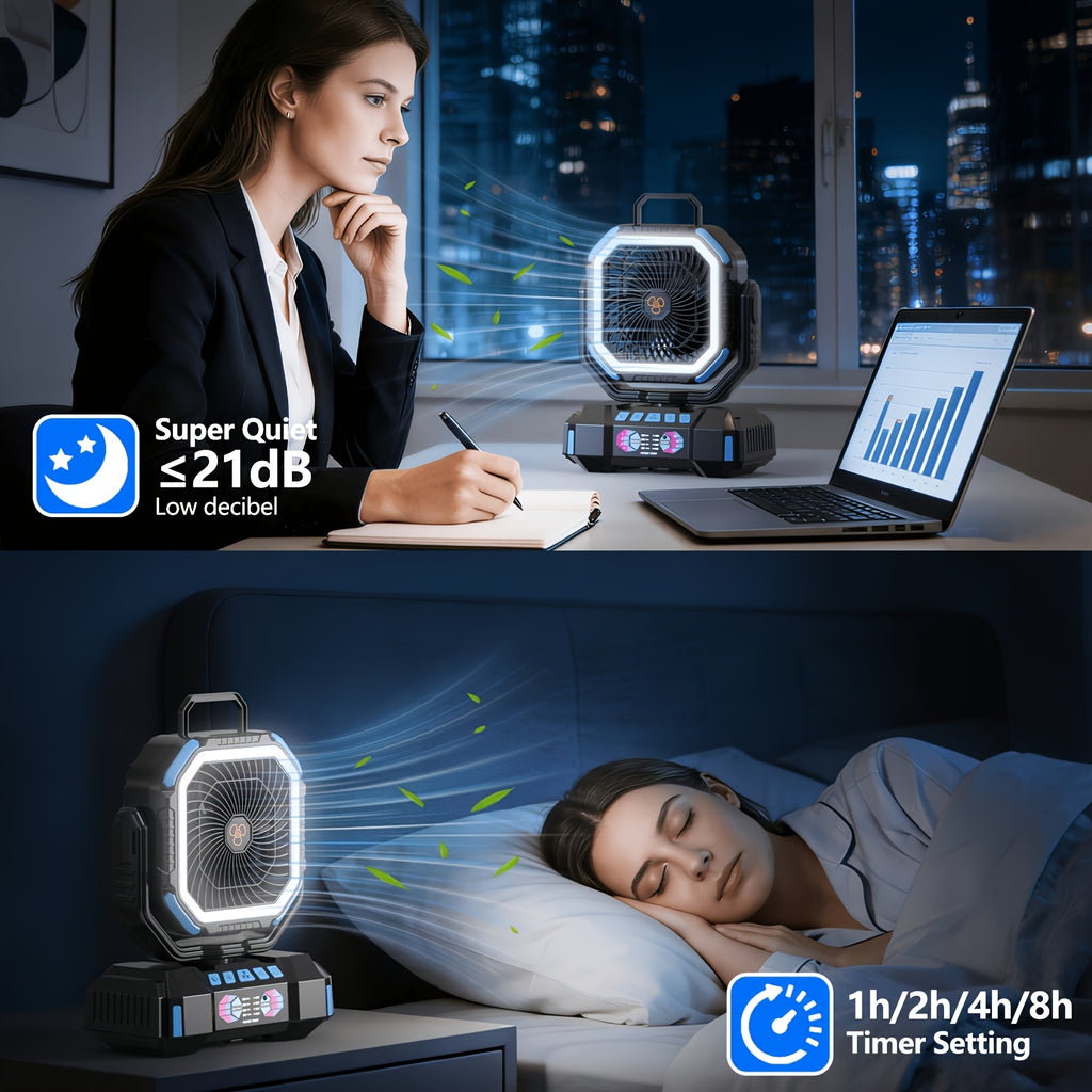 F6 Camping Fan with Four Speeds, Five-Level LED Light, Timer and Power Bank Function, Listed 40000mAh Model in Blue, Green or Orange for Tent and Home Use