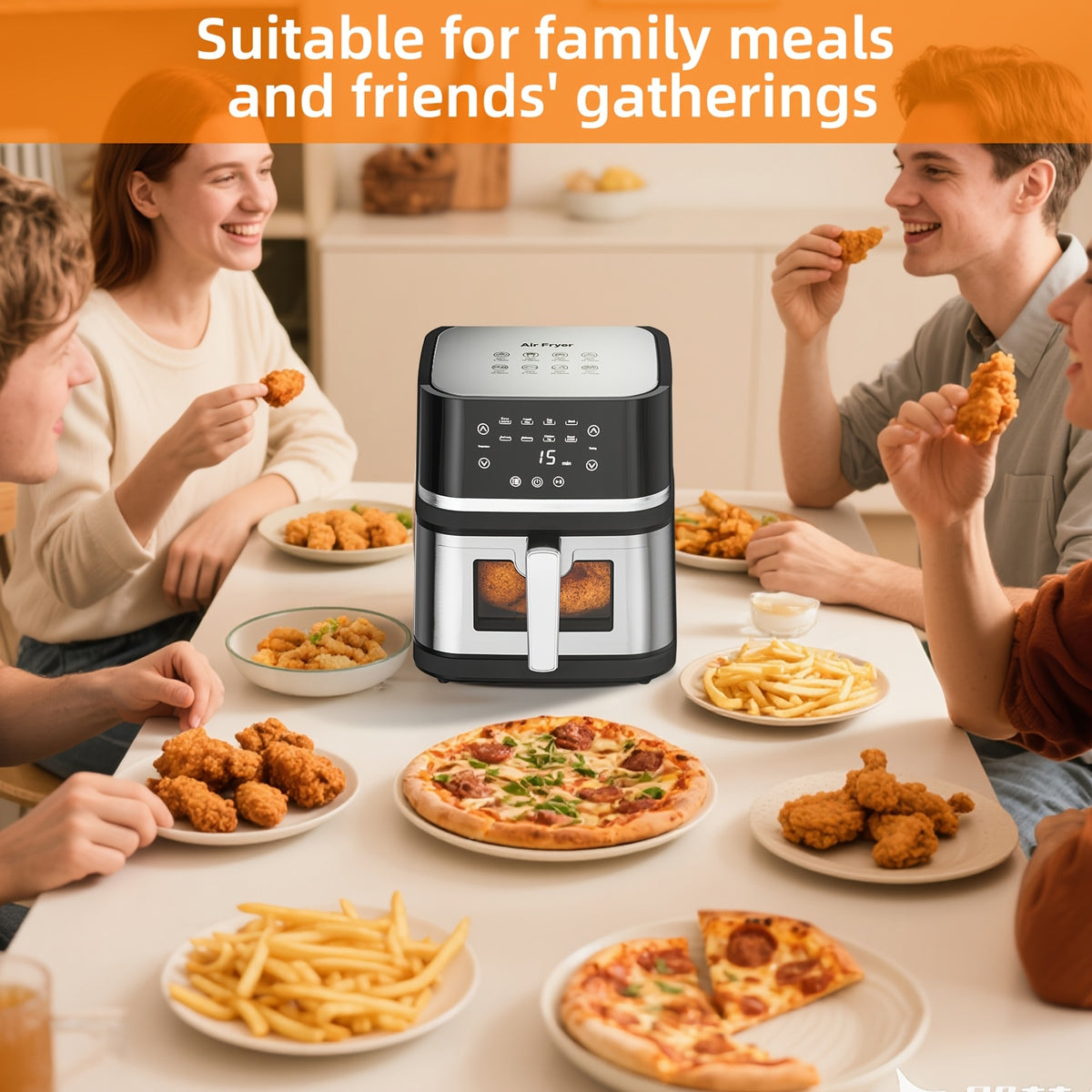 8Qt Digital Air Fryer, Stainless Steel 8-in-1 Cooker with Viewing Window, Touchscreen and 180-400°F Temperature, Dishwasher-Safe Non-Stick Basket, Large Family Size for Indoor Cooking, Black