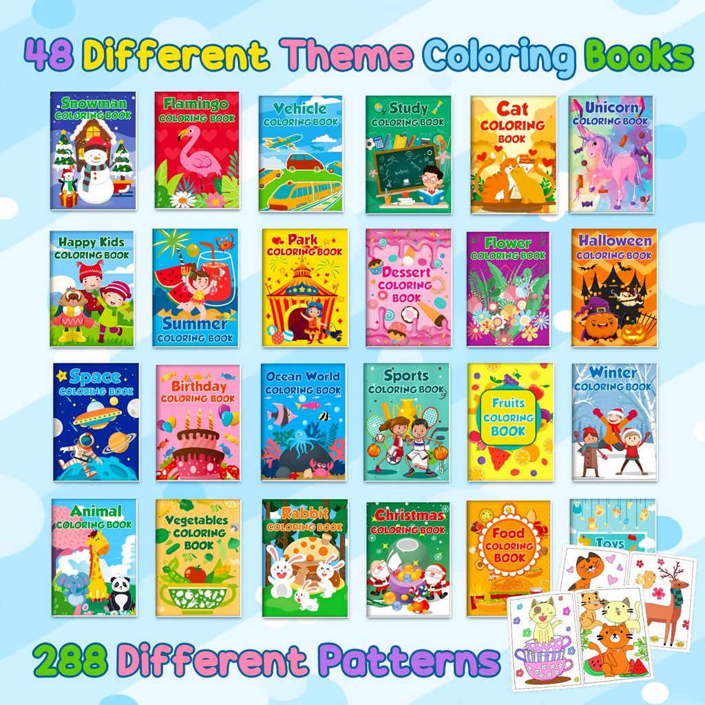 Mini Coloring Books for Kids, 48-Pack Bulk Party Favors with Summer, Christmas and Car Themes for Birthday Goodie Bags and Classroom Coloring Activities