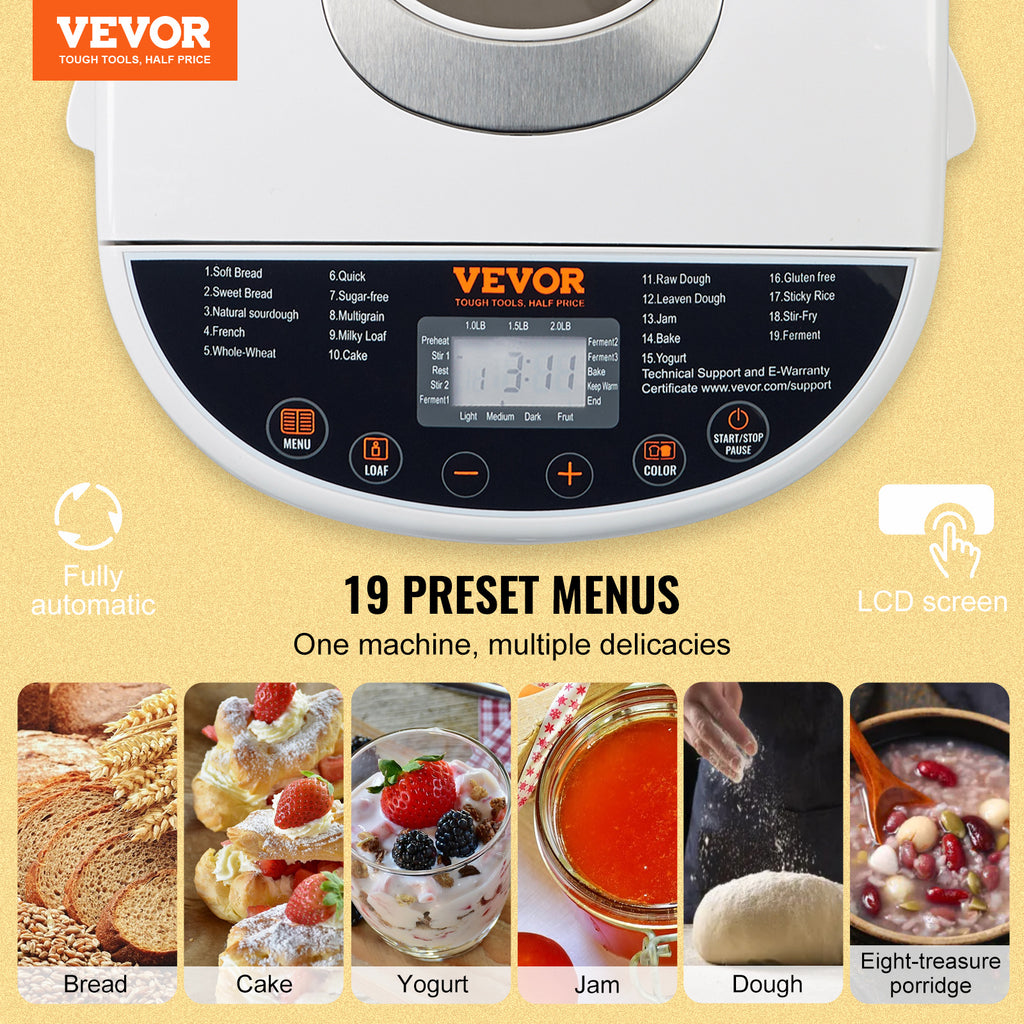 19-Program Bread Maker by VEVOR, White Automatic Bread Machine with 1, 1.5 and 2lb Loaf Sizes, Three Crust Settings, Ceramic Pan and 15-Hour Delay Start