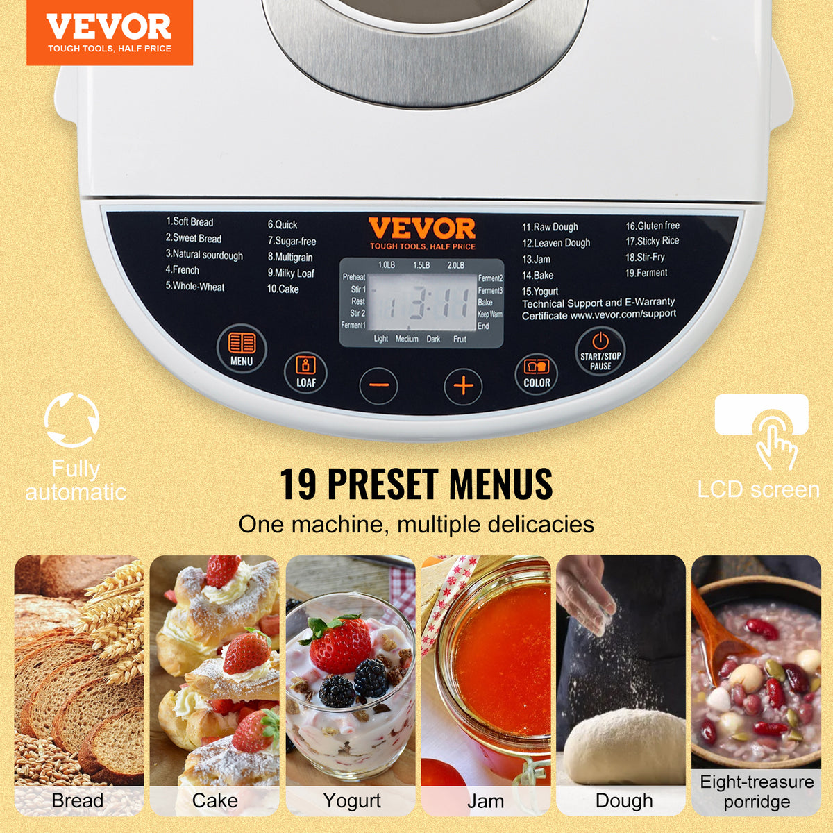 19-Program Bread Maker by VEVOR, White Automatic Bread Machine with 1, 1.5 and 2lb Loaf Sizes, Three Crust Settings, Ceramic Pan and 15-Hour Delay Start