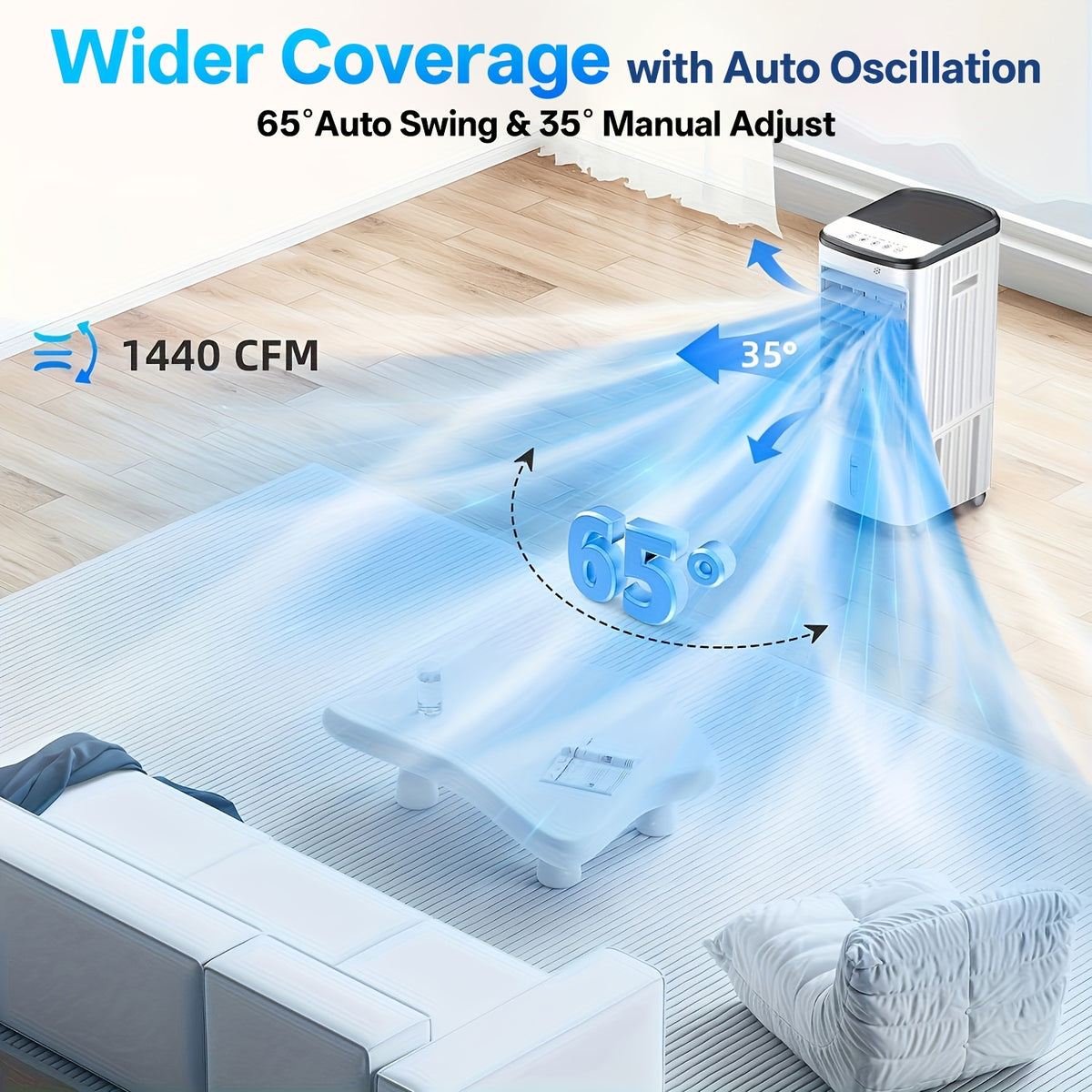 Three-in-One Air Cooler Fan in White with Listed Humidifier, Misting, Remote Control and Oscillation Features for Suitable Patio and Garden Lounging Areas