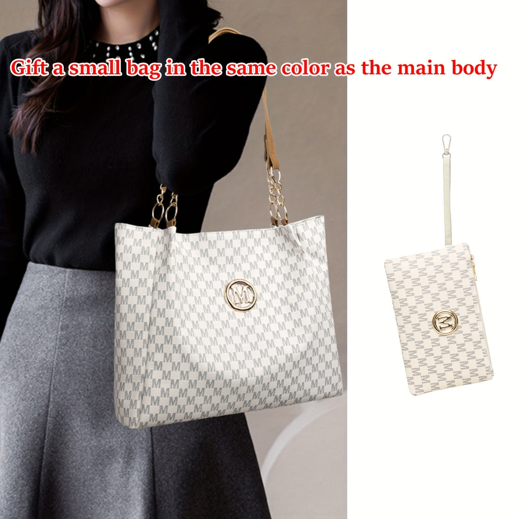 Lotus Print Shoulder Bag Set for Women with M Letter Pattern and M-Shaped Hardware, Listed Two-Piece Fashion Set with Fixed Shoulder Strap in Brown, Black or Beige