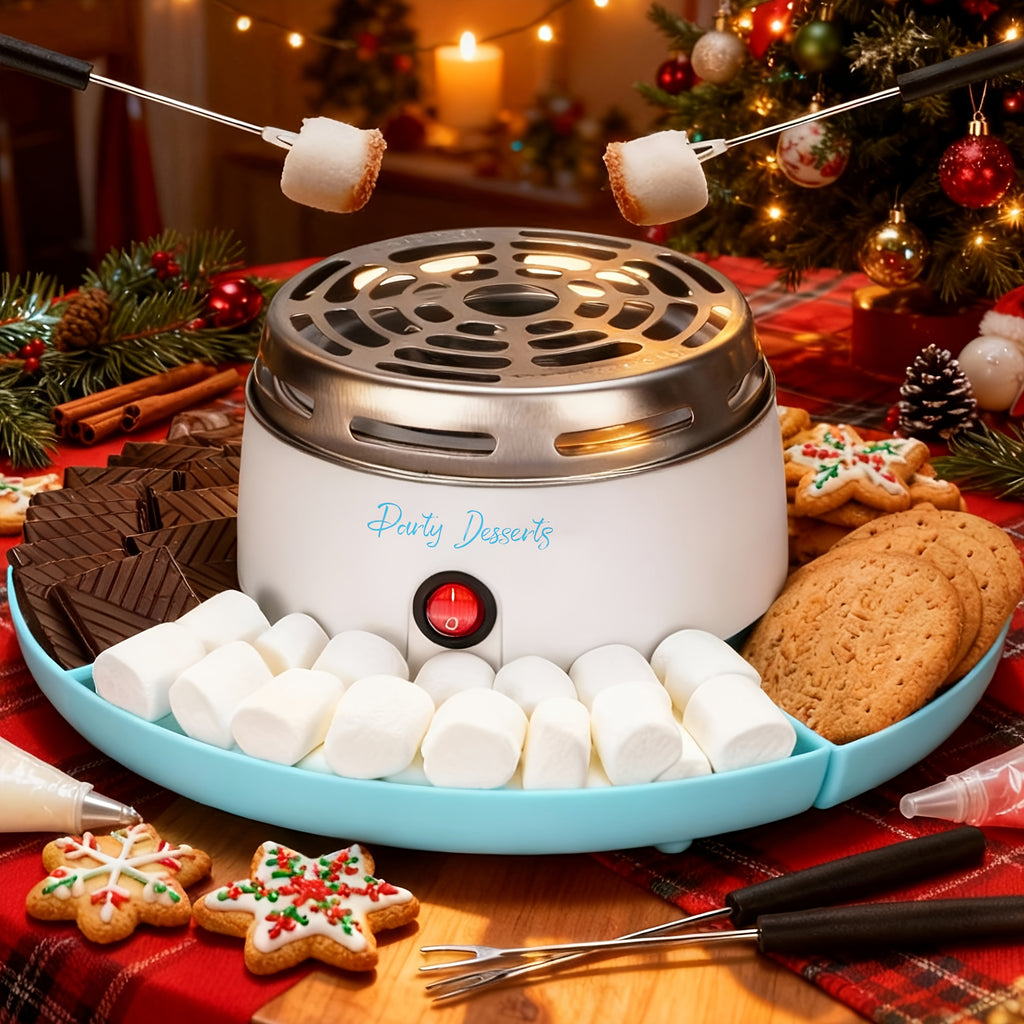 Tabletop Electric S'mores Maker for Indoor Marshmallow Roasting, Listed Compartment Trays and Four Forks, Blue, Red, Purple, Brown or 2-in-1 Brown Options