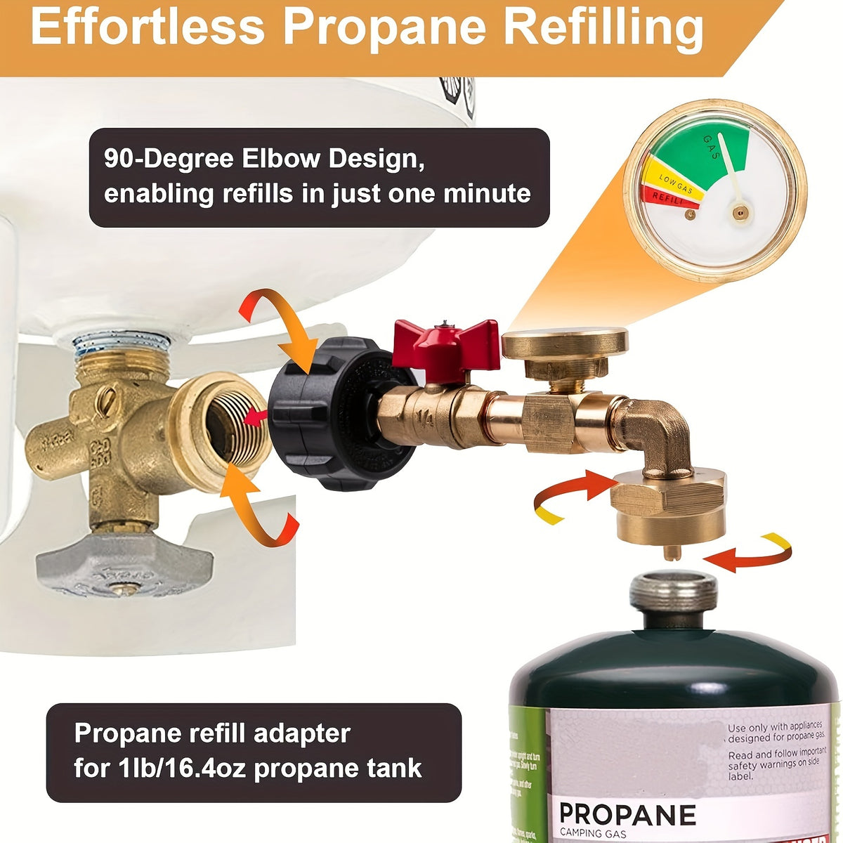 QCC1 Propane Elbow Adapter with Gauge and On-Off Valve, Brass 90-Degree Type1 Connector with Luminous Dial and Bottle Cap for Compatible Equipment