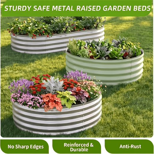 Galvanized Garden Planter Set with Listed Shovel, One or Two Metal Raised Beds with Oval or Round Design References for Outdoor Vegetable Gardening