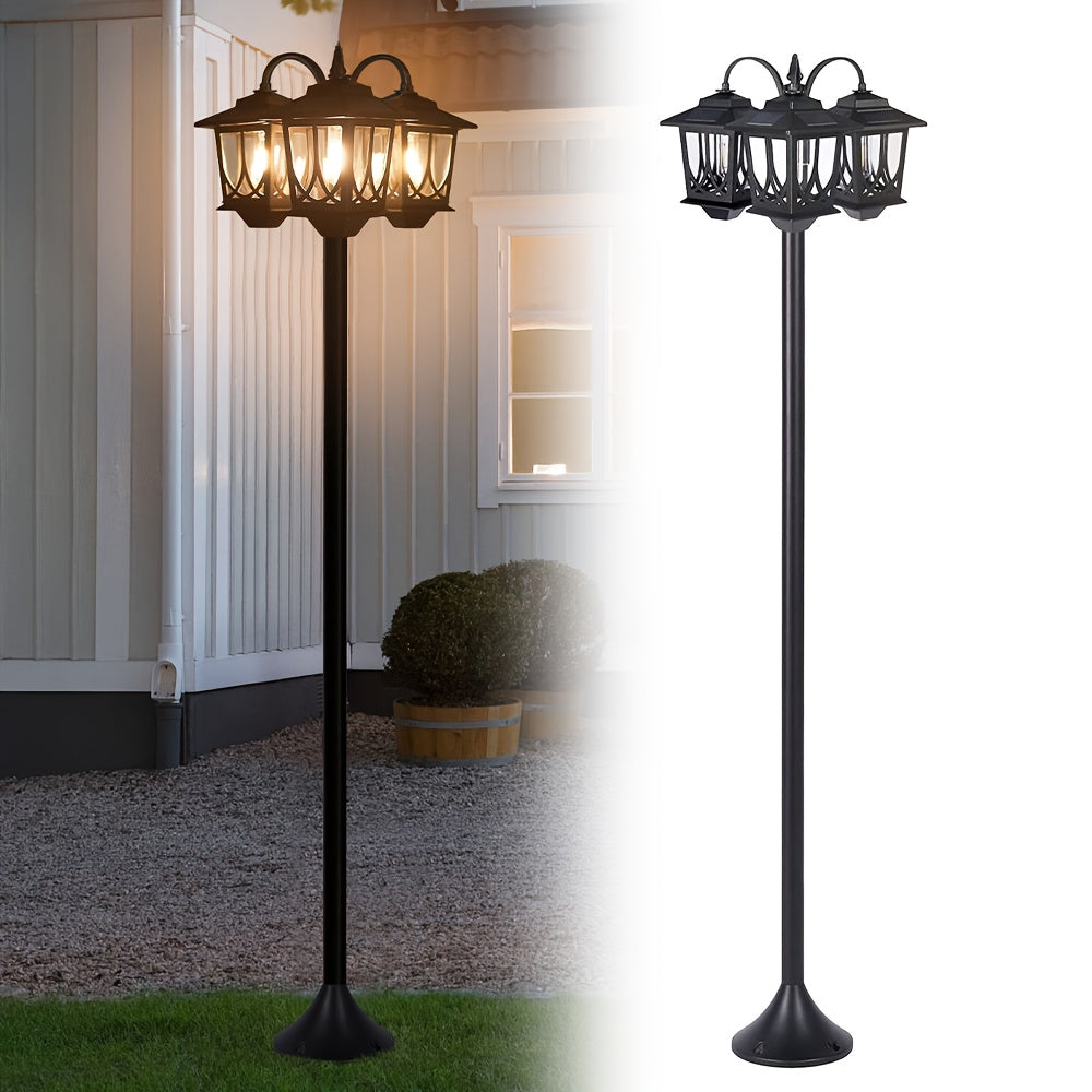 Three-Head Solar Lamp Post with Listed 73-Inch Section-Adjustable Design and 3000K Warm White Light, Black, Two-Pack or Upgraded Flower Pot Model Labels