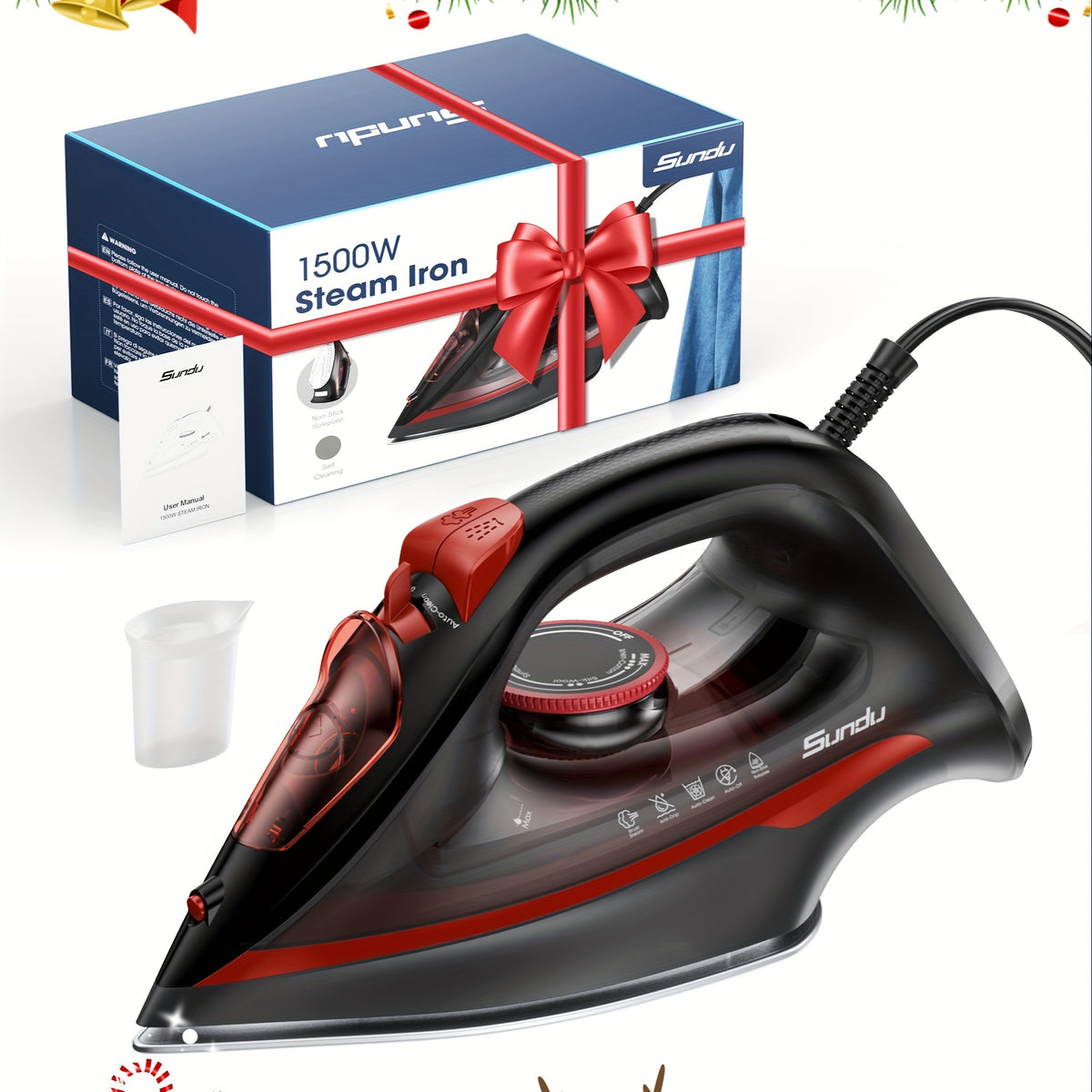 Ceramic Soleplate Steam Iron by Sundu, 1500W Red Clothes Iron with Thermostat Dial, Self-Cleaning and Auto-Off, 11.83oz Capacity Option for Home Garment Care