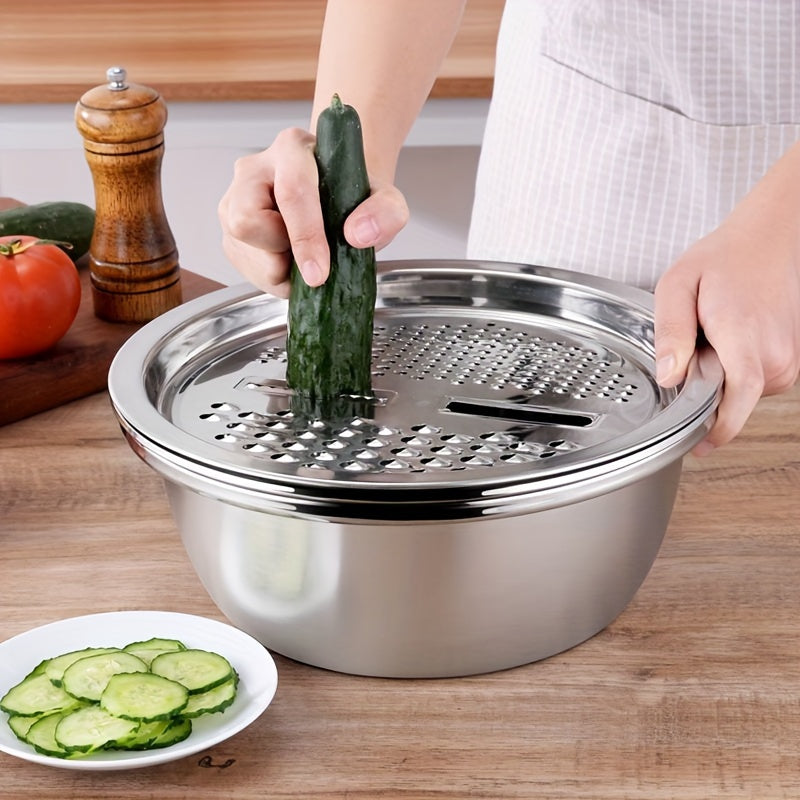 Food Prep Bowl Set with Stainless Steel Construction, 3-Piece Mixing Bowl, Draining Filter and Integrated Grinder for Fruit, Vegetables and Cheese