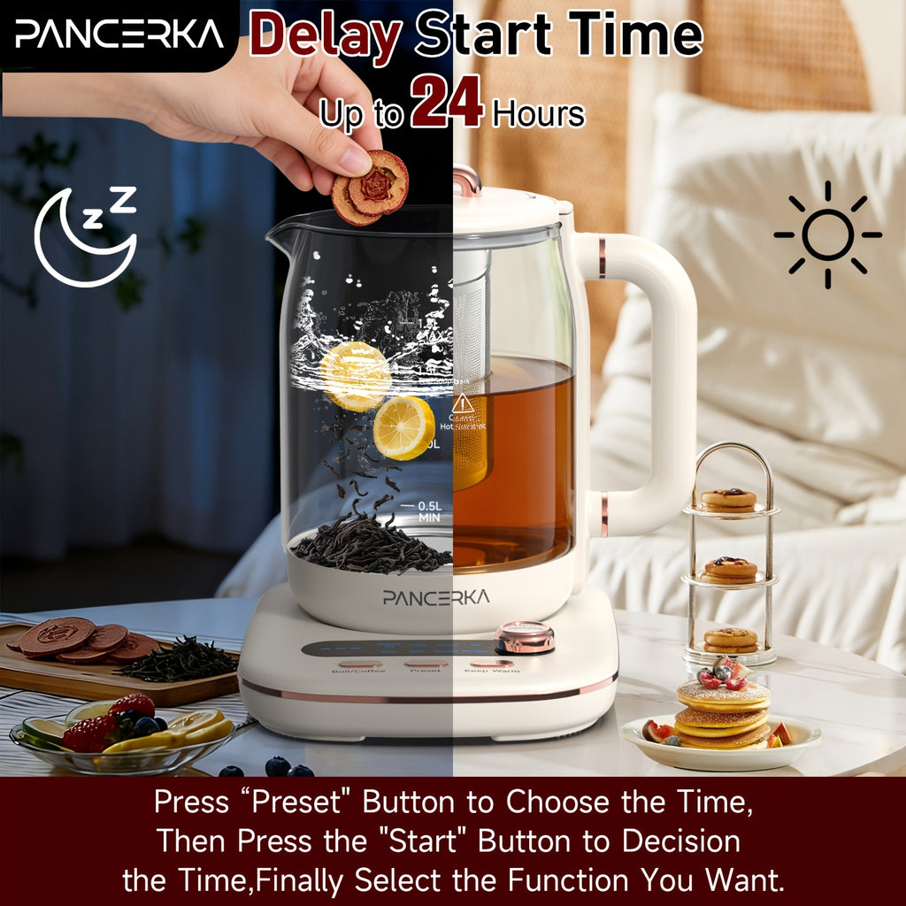Electric Glass Tea Maker by PANCERKA, 1.8L Multifunction Kettle with Infuser and Detachable Filter in Beige for Home Tea Brewing & Kitchen Use