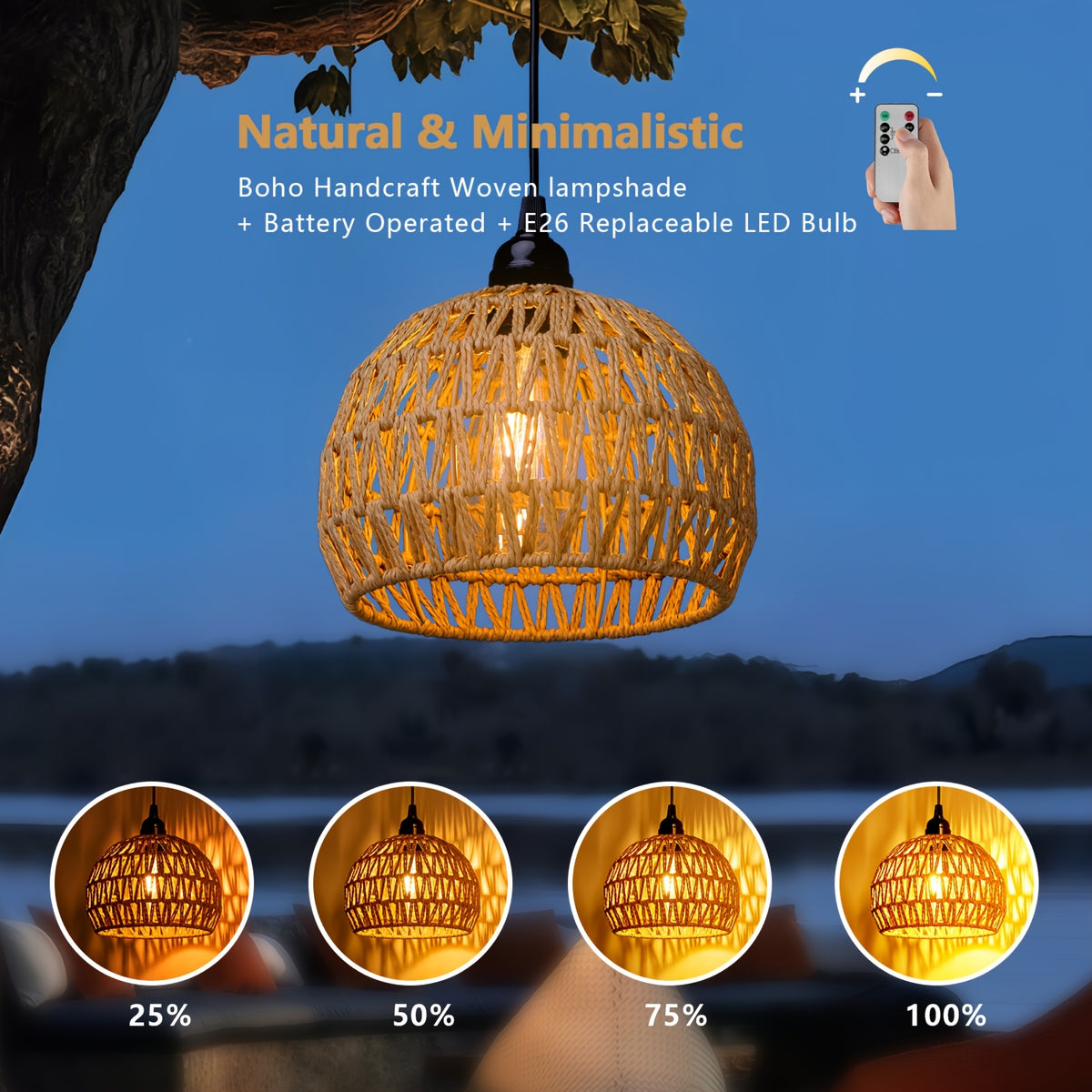 Battery Pendant Lights in a Two-Piece Woven Rattan-Style Set with Remote Control, Dimmable Warm White LED and Timer for Decorative Hanging Displays