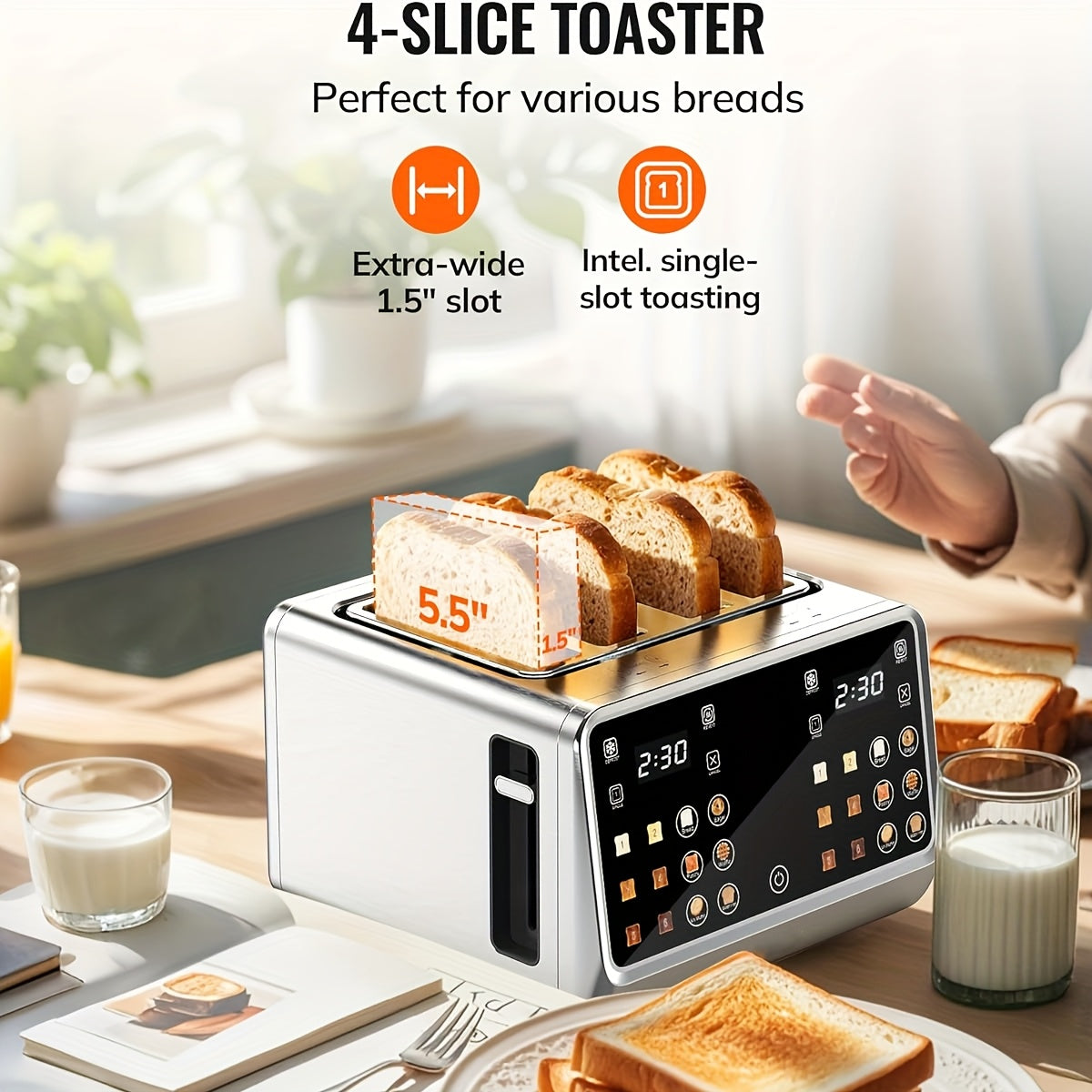 Four-Slice Digital Toaster with Listed Touchscreen, Dual Control Panels, Timer and Single-Slot Toasting, Stainless Steel Option for Bread, Bagels and Waffles