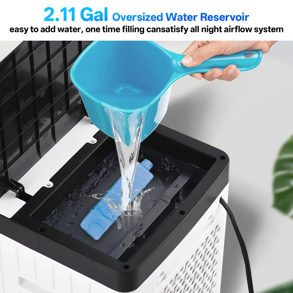Three-in-One Air Cooler Fan in White with Listed Humidifier, Misting, Remote Control and Oscillation Features for Suitable Patio and Garden Lounging Areas