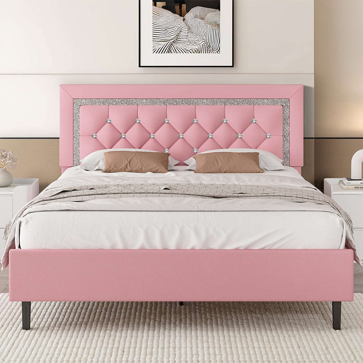 Princess Bed Frame with Diamond Headboard and Wooden Slat Support, Bedroom Furniture in White, Black or Pink with Twin, Full and Queen-1 Size Options