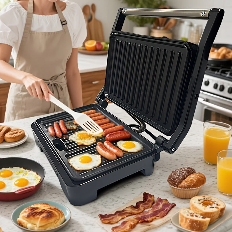 Double-Sided Electric Grill with Black Square Design and Listed Upper and Lower Heating, Panini and Sandwich Cooking Wording for Everyday Home Kitchen Meal Preparation
