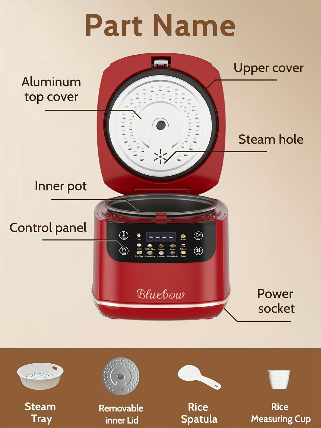 Mini Digital Rice Cooker with Listed 67.63 Oz Capacity, Ten-in-One Presets, Touchscreen and Nonstick Inner Pot with Delay and Keep Warm in Red or White Options