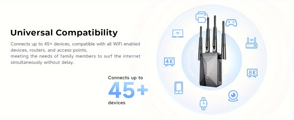 Black Dual-Band WiFi Extender with Ethernet Port, 2.4GHz and 5GHz Wireless Signal Booster and Repeater for Compatible Home Internet Networks